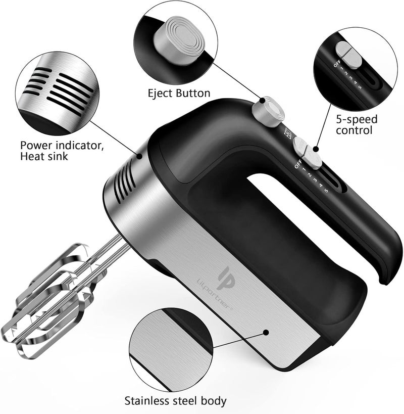 LILPARTNER Hand Mixer Electric, 450W Kitchen Mixers with Scale Cup Storage Case, Turbo Boost/Self-Control Speed + 5 Speed + Eject Button + 5 Stainless Steel Accessories, For Easy Whipping Dough, Cream, Black - Image 2